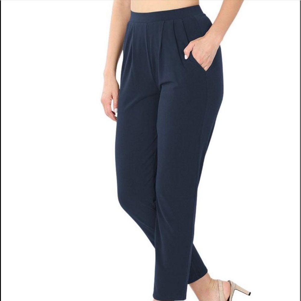 Boutique Casual Dress Pleated High Rise Elastic Waist Pants Pockets Navy Large